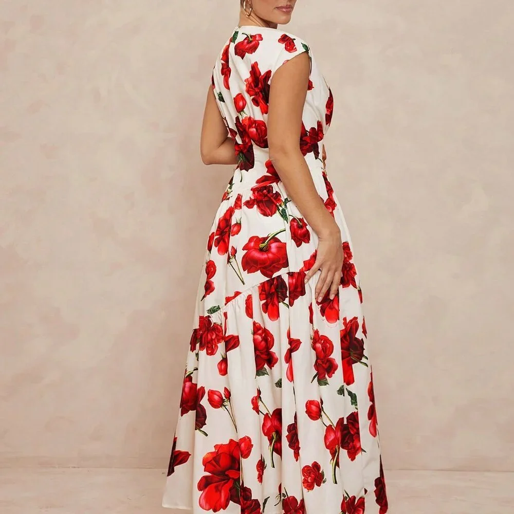 White Elegant Women's Sleeveless Ruched Waist Asymmetrical Patchwork Dress - Picture 4 of 5